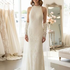 David's Bridal Cream Beaded Gown
